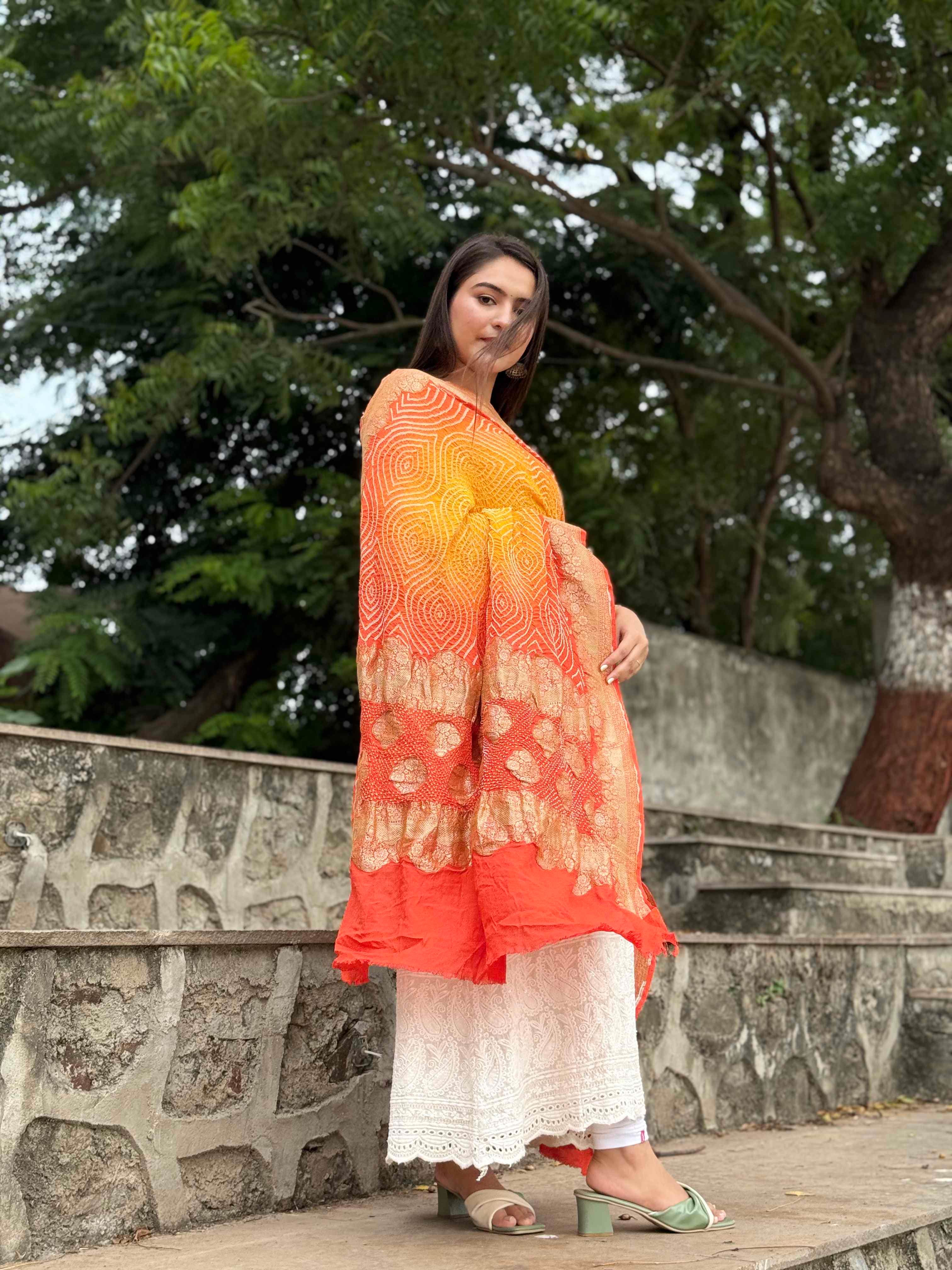 Sunehri Kesari Bandhani Dupatta view 1